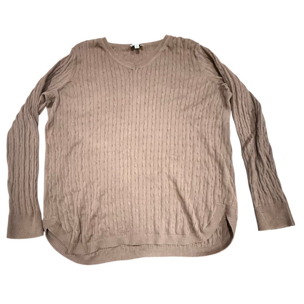Kim Rogers Women's Brown V-Neck Cable Knit 100% Cotton Sweater Size Large